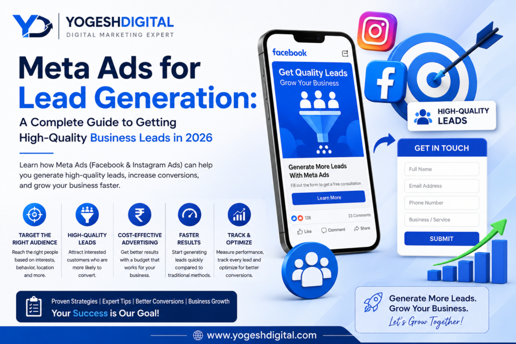 Meta Ads for Lead Generation guide featuring Facebook Ads, Instagram Ads, lead generation strategy, business growth, and YogeshDigital branding.